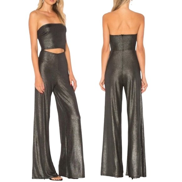 REVOLVE Pants - h:ours Small Metallic Silver Waist Cutout Flared Bell Bottom Strapless Jumpsuit
